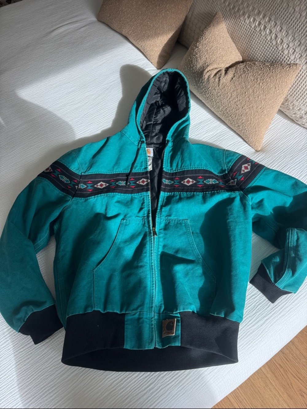 Vintage Carhartt Aztec Jacket Teal Quilted Lined Hoodie Southwest USA Rare L